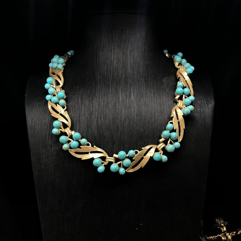 Turquoise inlaid necklace earrings antique gold jewelry set
