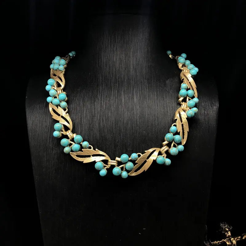 Turquoise inlaid necklace earrings antique gold jewelry set