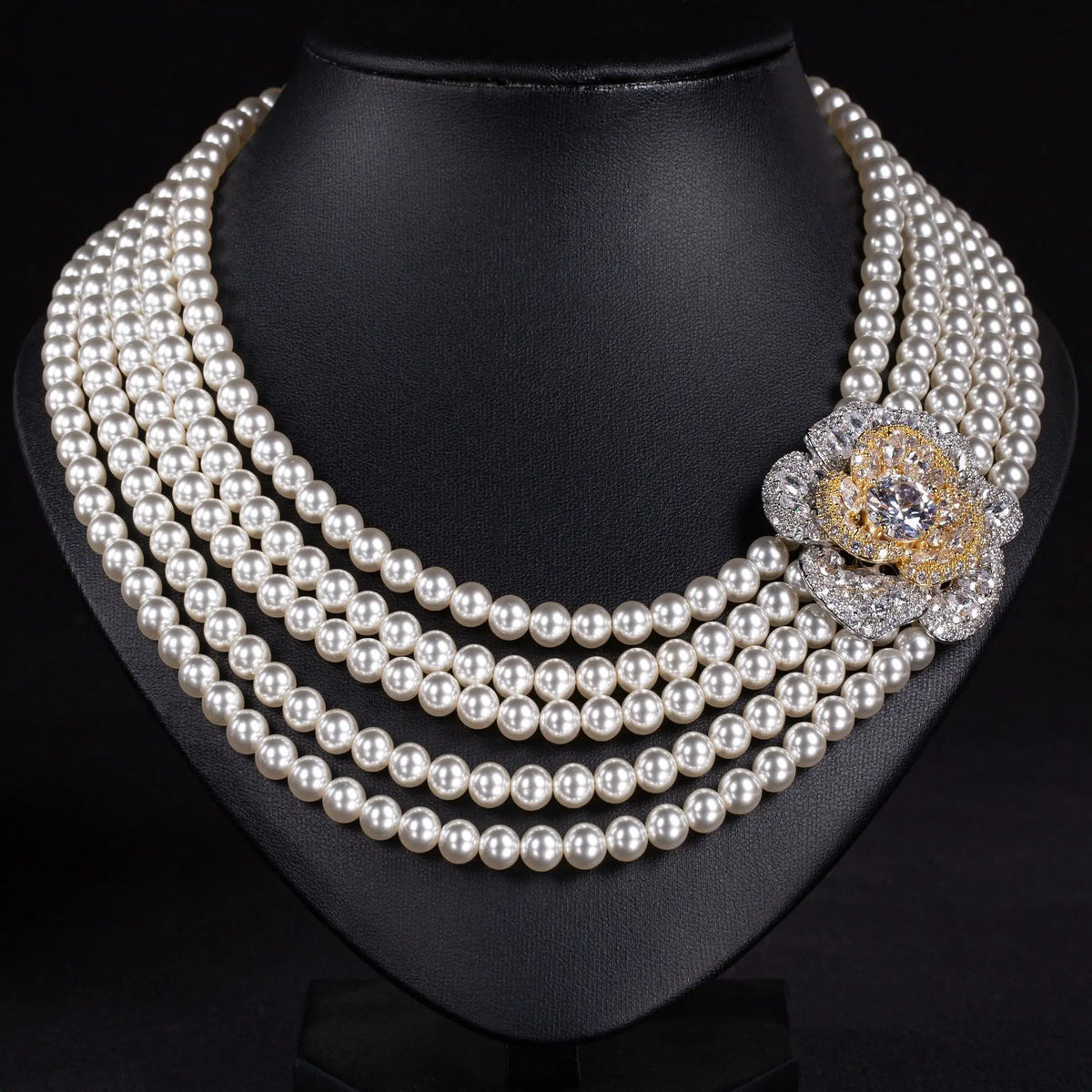 Luxury Multi Strand Pearl Necklace with Emerald Flower Brooch