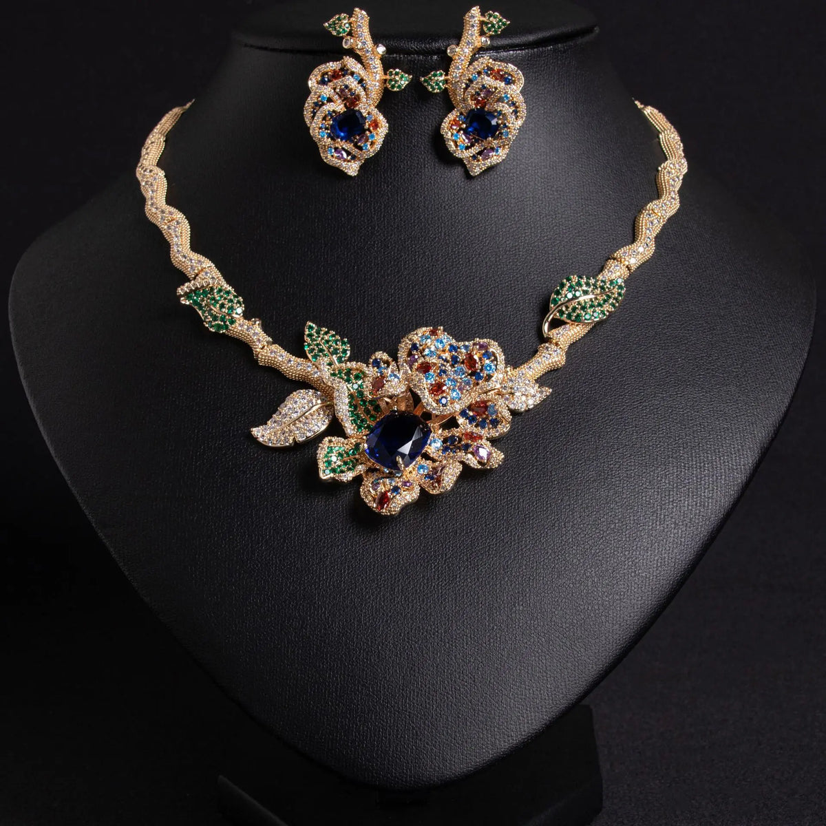Luxury Red Crystal Flower Necklace Set – Elegant Gemstone Jewelry for Women