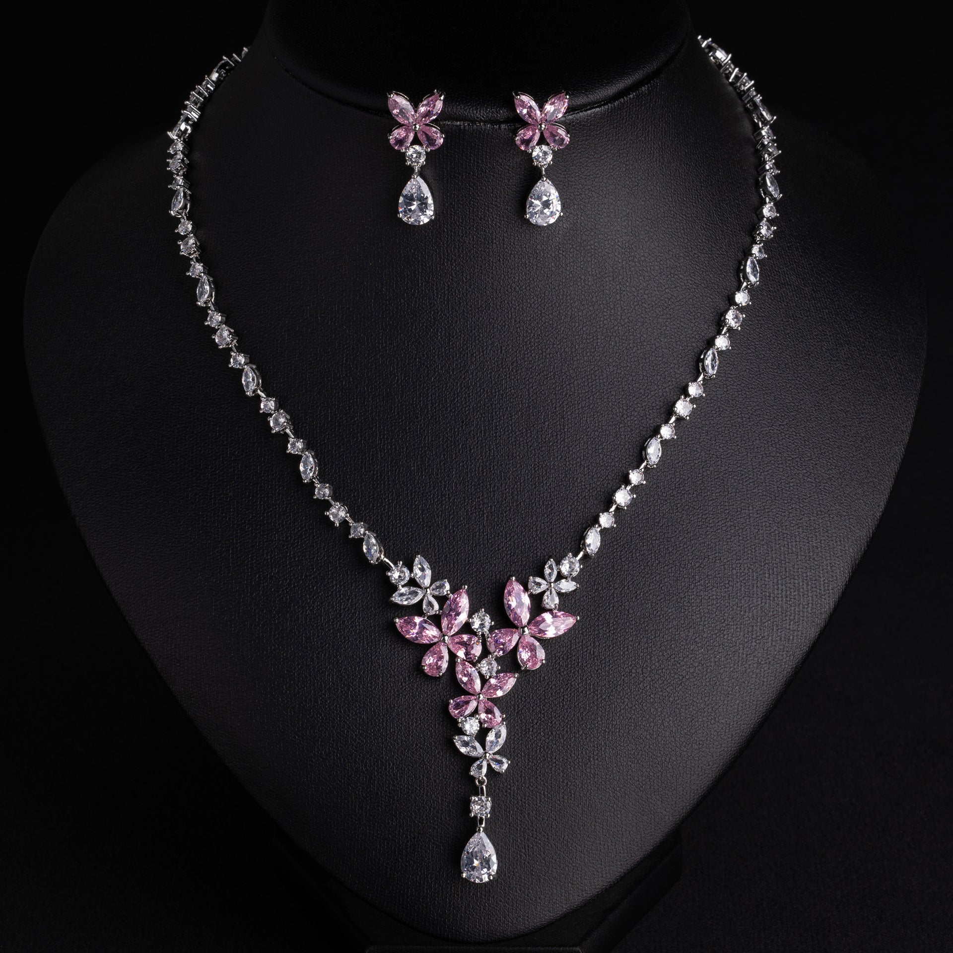 Luxury Pink Crystal Floral Necklace Earrings Set – Elegant Statement Jewelry for Women