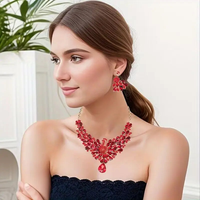 Luxury Emerald Green Peacock Crystal Necklace and Earrings Jewelry Set