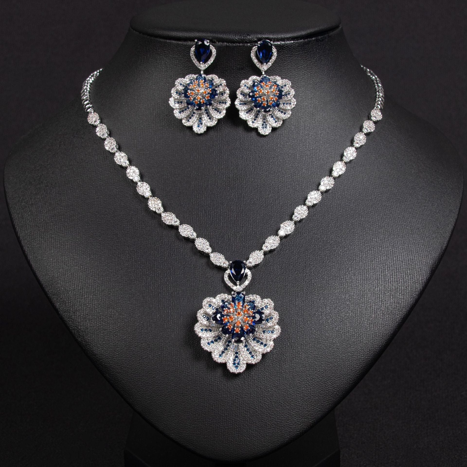Luxury Pink Floral Crystal Necklace and Earrings Jewelry Set for Women
