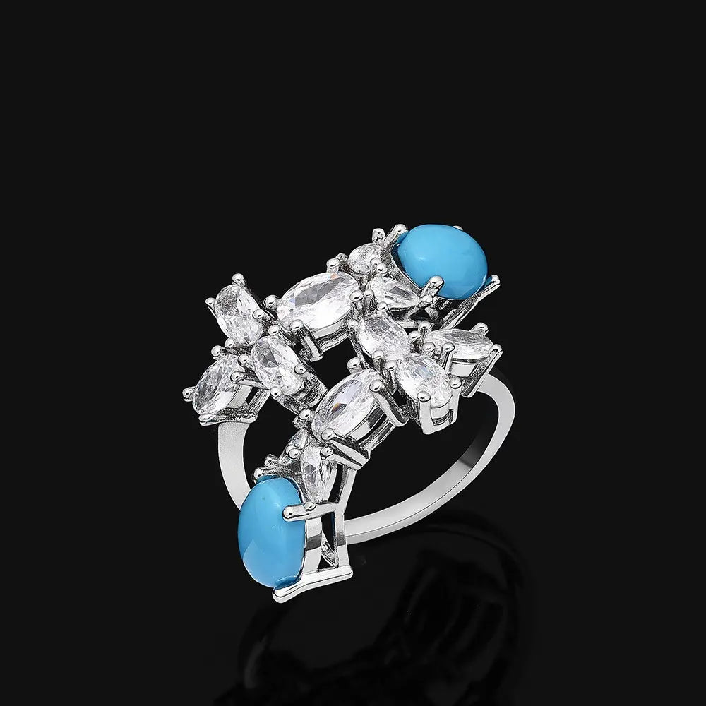 Luxury Silver Crystal Turquoise Blue Jewelry Set Necklace Earrings Ring Bracelet Bridal Wedding Statement Set for Women