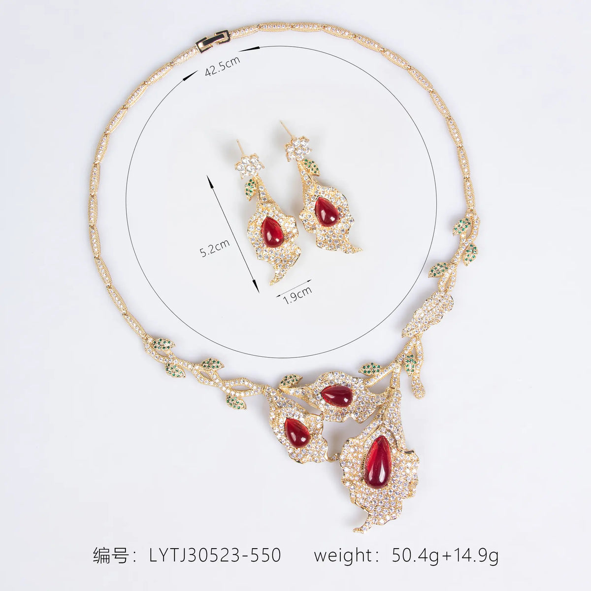 Parure de bijoux de luxe avec collier et boucles d'oreilles en cristal rouge en forme de goutte