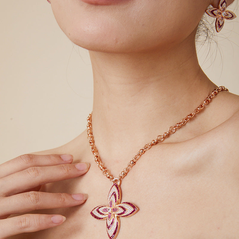 Fashion Gold Plated Red Diamond Flower Necklace