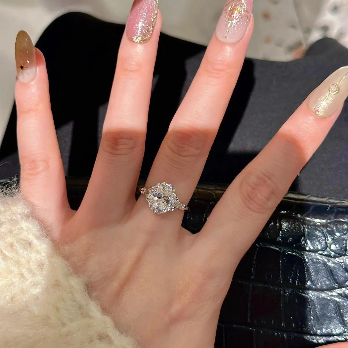 Bague S925 en argent sterling, forme œuf de pigeon, entièrement sertie de diamants