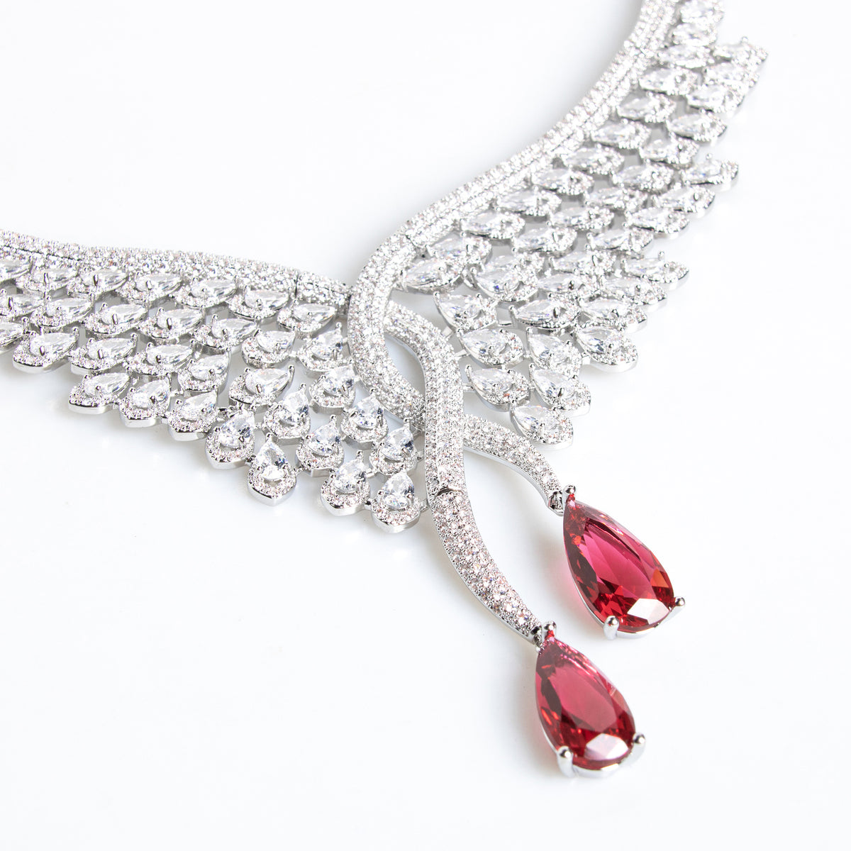 Elegant Ruby Red Teardrop Jewelry Set – Silver Crystal Necklace Earrings