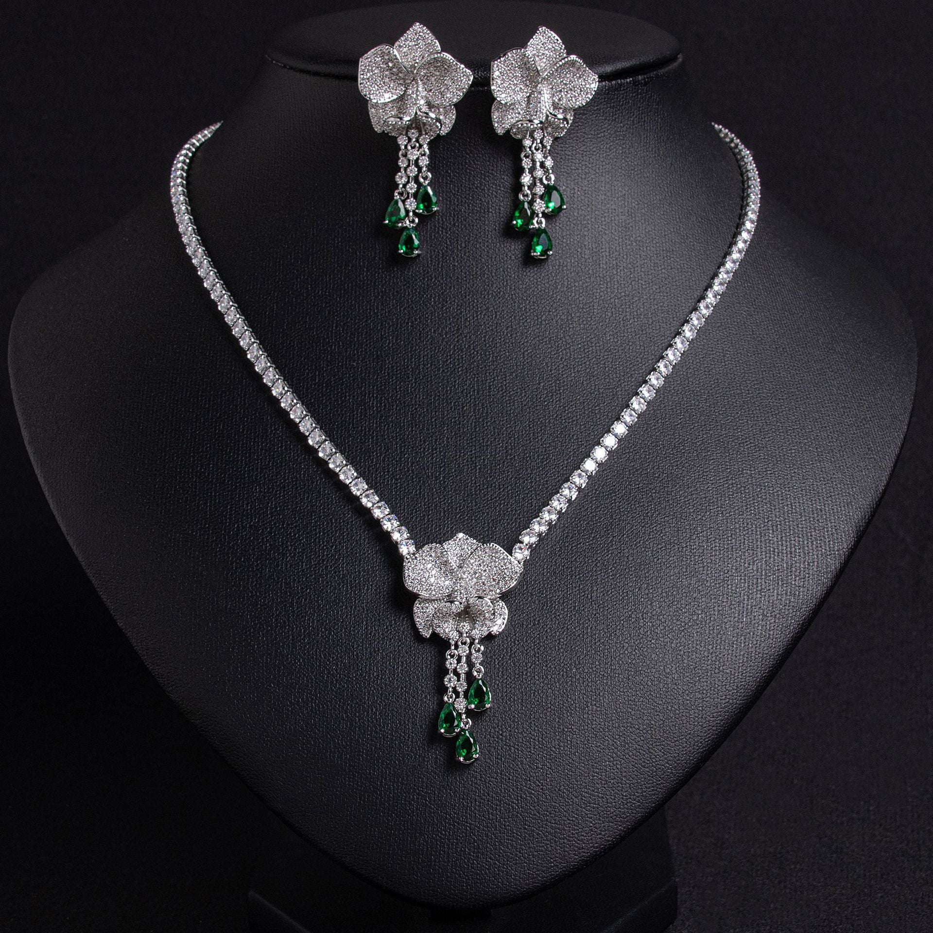 Luxury Silver Flower Ruby Drop Necklace Earrings Set – Elegant Jewelry for Women