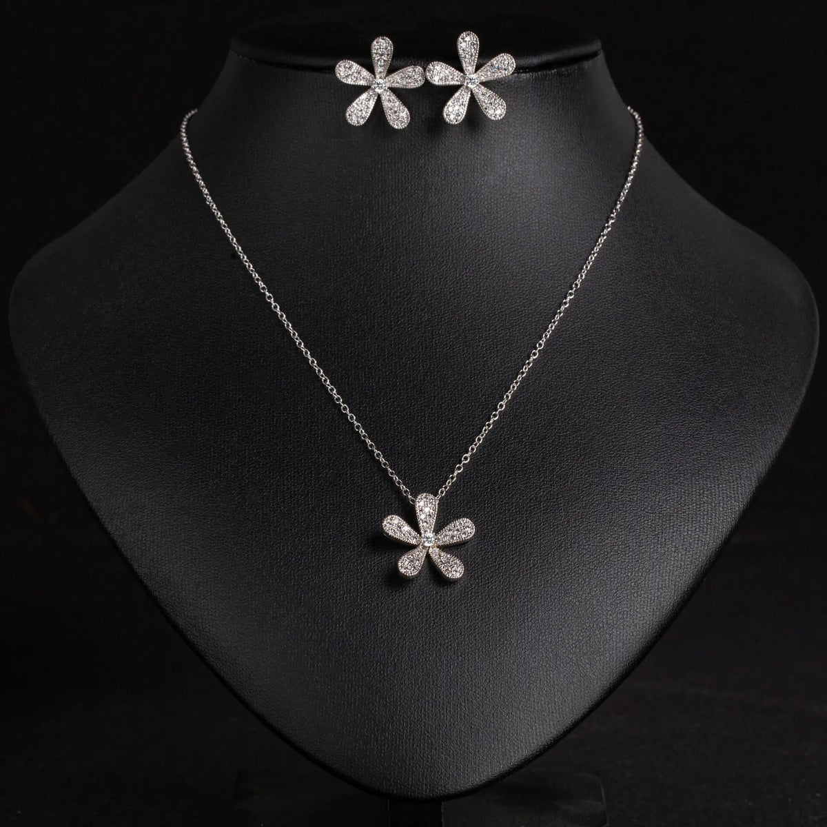Elegant Silver Floral Crystal Necklace and Earrings Jewelry Set
