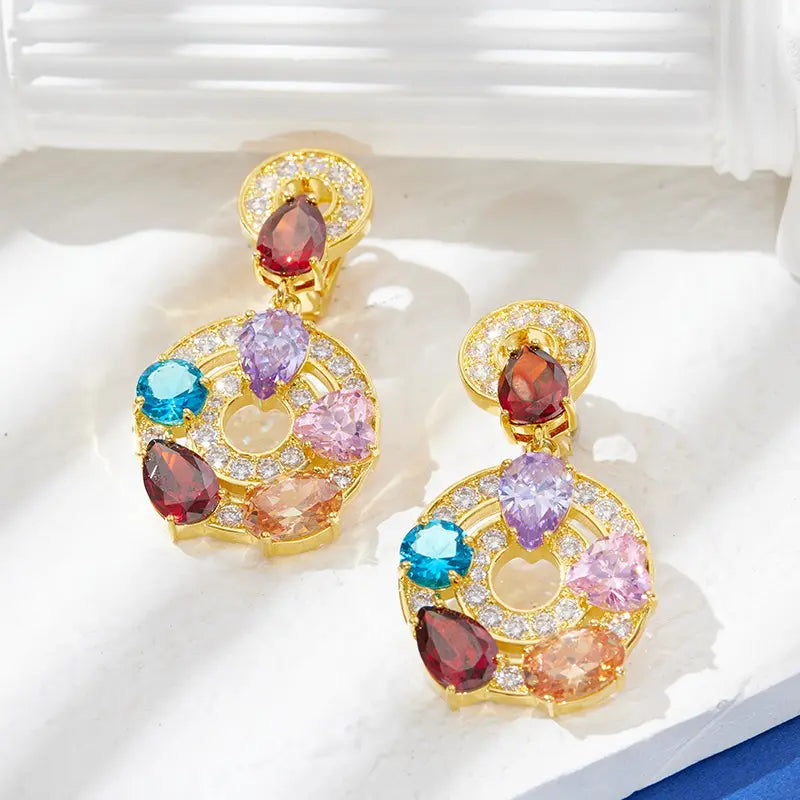 Boucles d'oreilles en opale plaqué or avec pierres précieuses colorées et mode