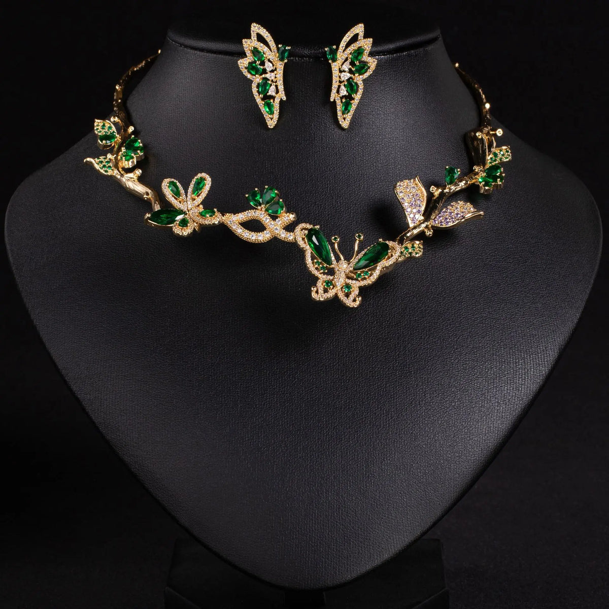 Parure collier et boucles d'oreilles papillon 3D en zircon, style léger luxe