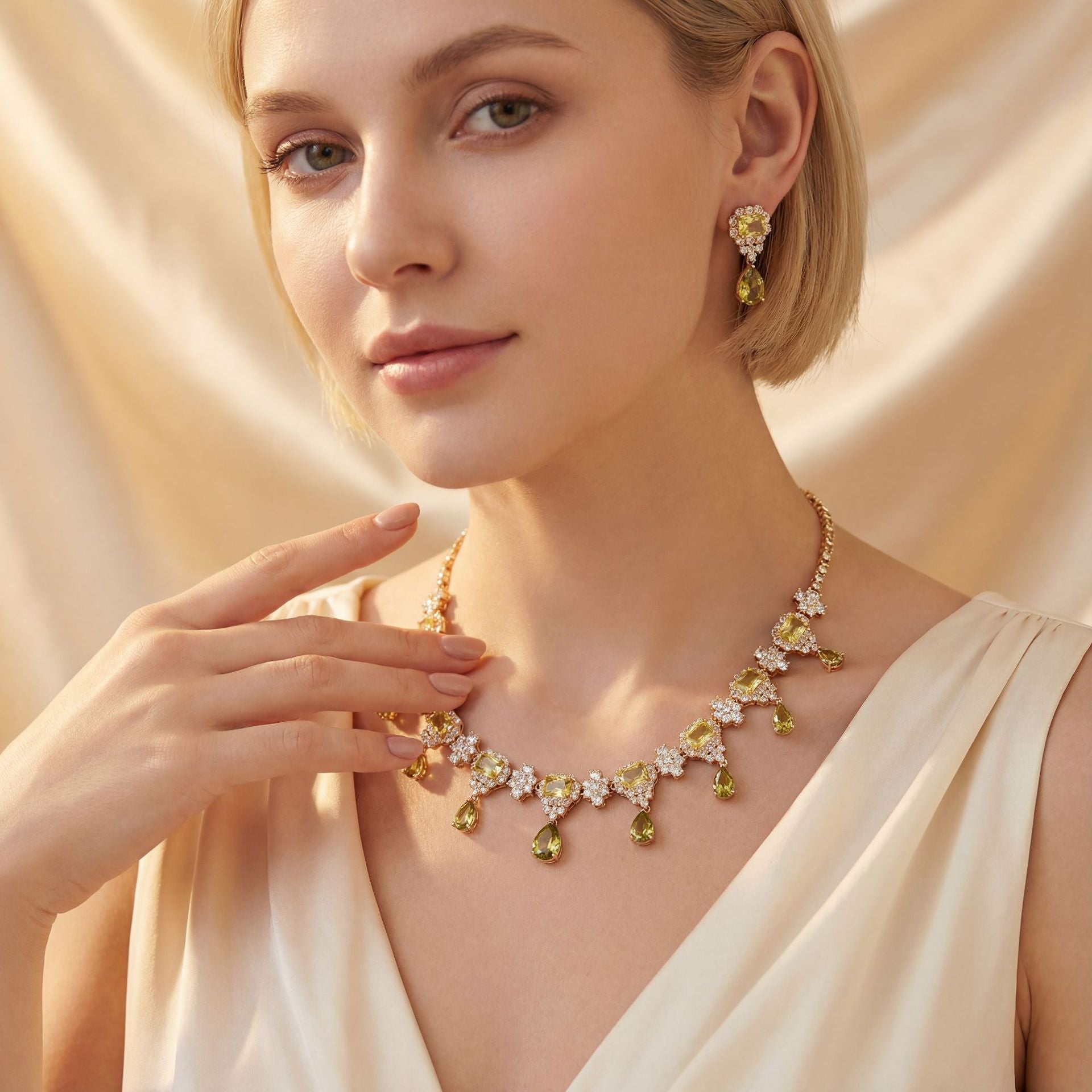Luxury Olive Green Gemstone Necklace Set for Women – Gold Statement Jewelry with Matching Earrings