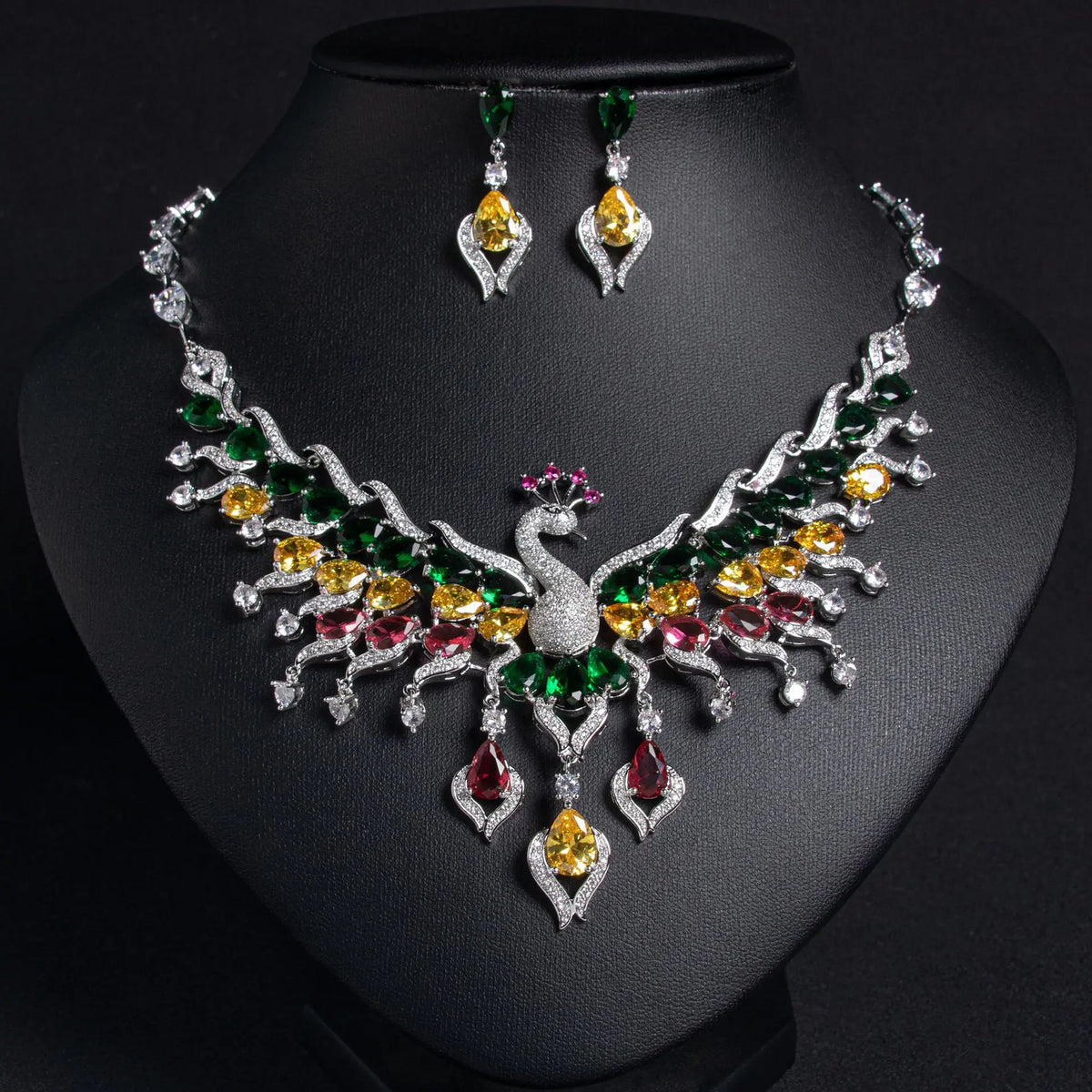 Luxury Multicolor Peacock Crystal Necklace and Earrings Jewelry Set