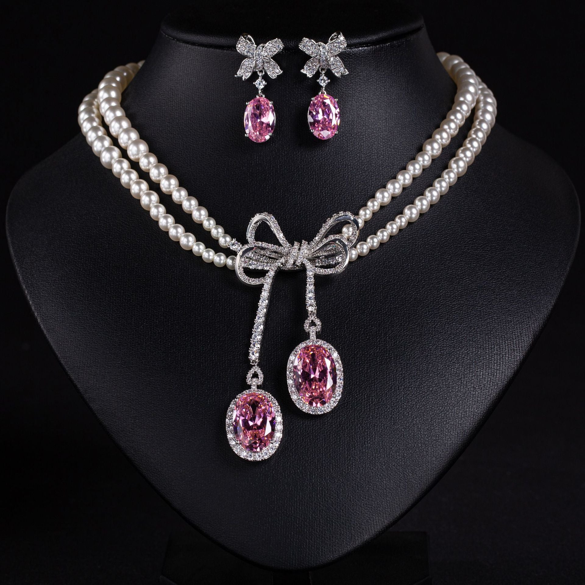Fashion Light Luxury Pearl Diamond Bow Necklace Earrings Set