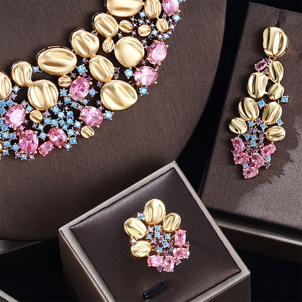 High-End Gold Statement Jewelry Set – Pink Blue Crystal Bridal Set for Women