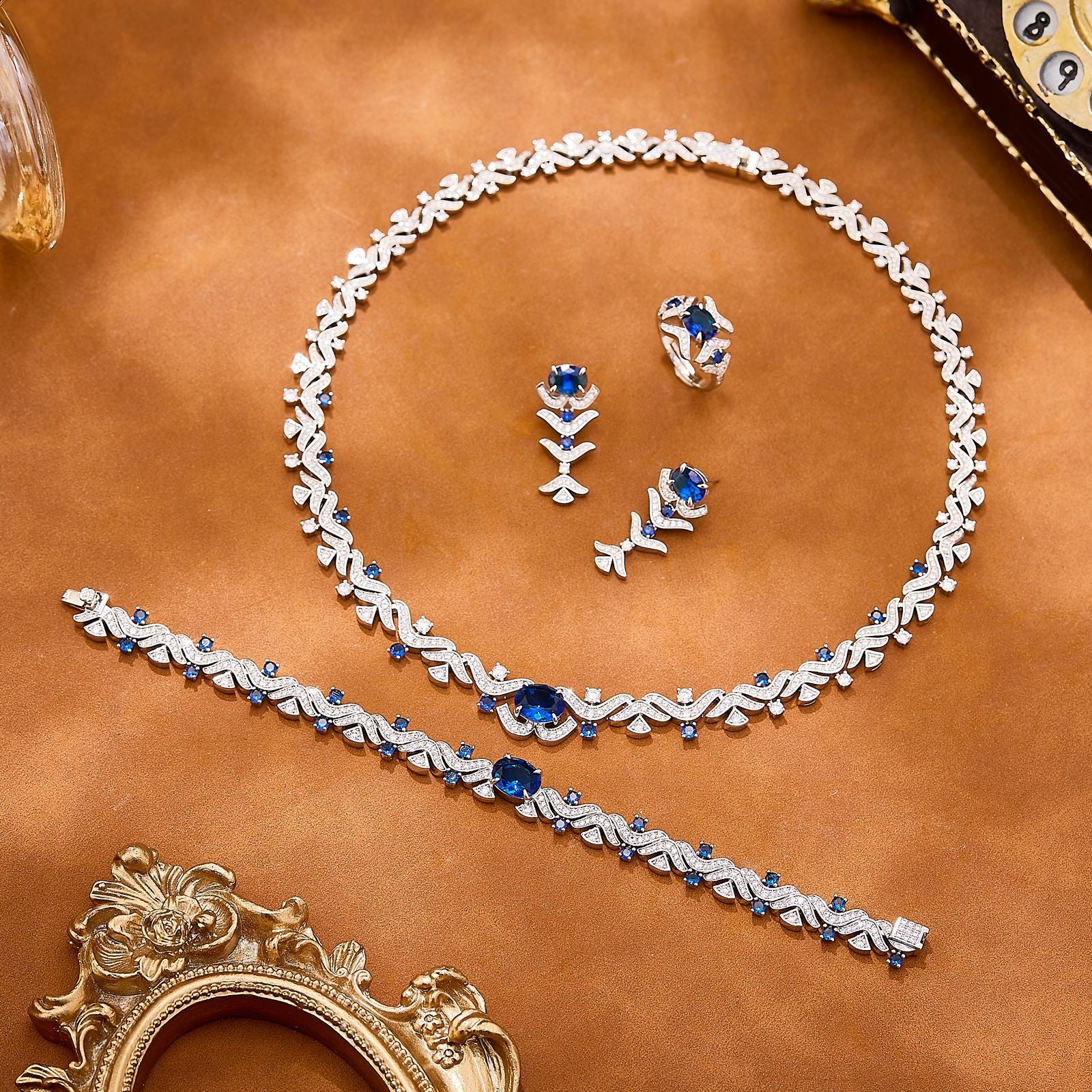 Luxury Sapphire Blue Crystal Jewelry Set – Necklace Earrings Bracelet Ring for Women