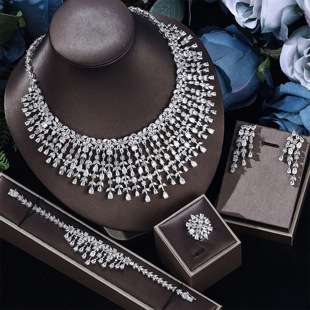 Luxury Crystal Fringe Necklace Set Silver Tone Statement Jewelry Set Earrings Ring Bracelet Bridal Wedding Set for Women