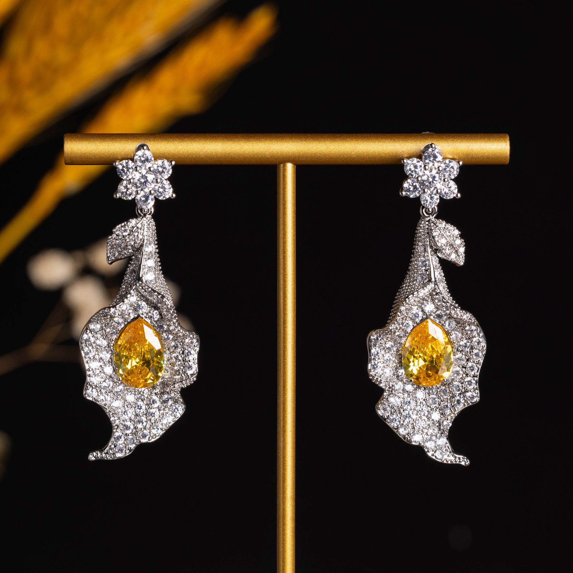 Luxury Floral Earrings with Yellow Teardrop Crystal – Glamorous Evening Jewelry