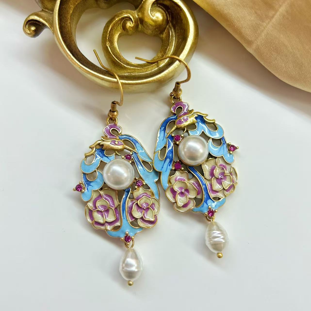 Cloisonne national style enamel colored bird court style earrings earrings
