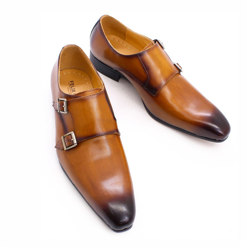 Brown Leather Buckle Men's Loafers Pointed Handmade Leather Shoes