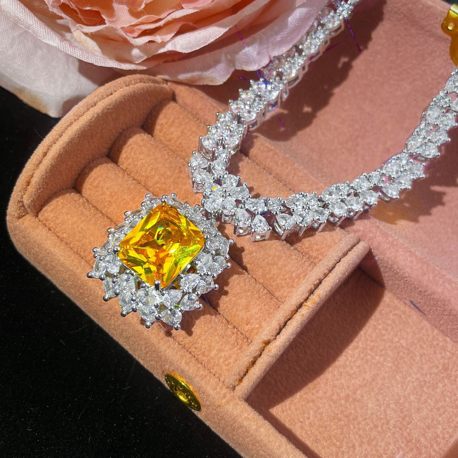 Luxury Yellow Crystal Necklace Ring and Earrings Jewelry Set
