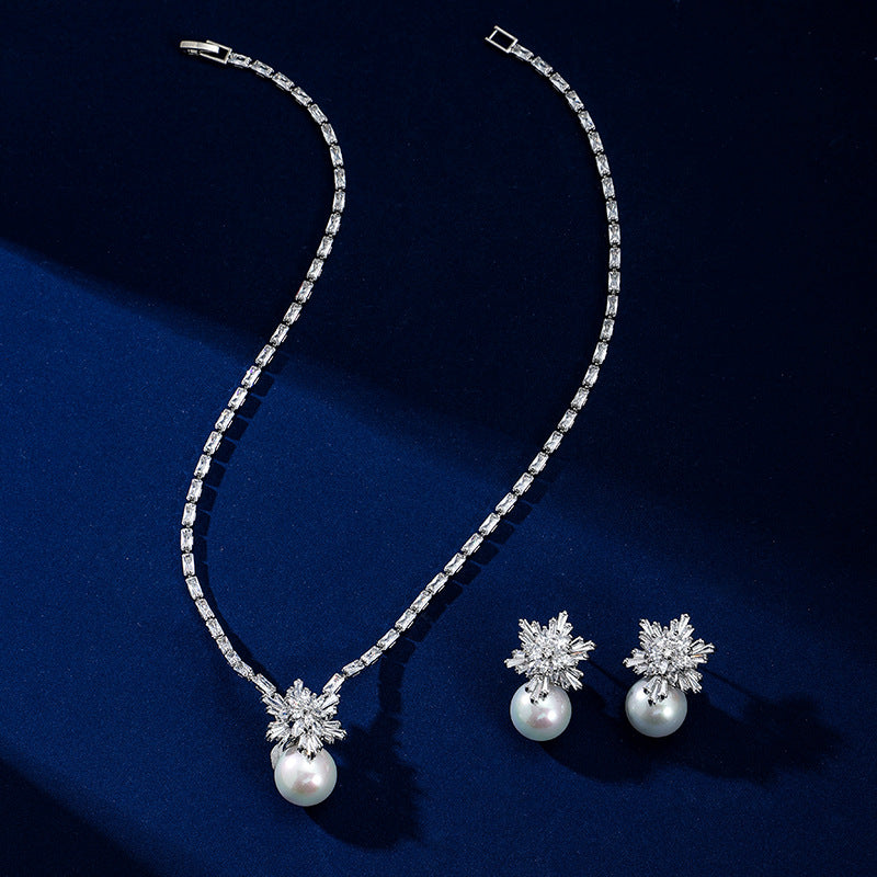 High-end pearl zircon snowflake necklace earrings set