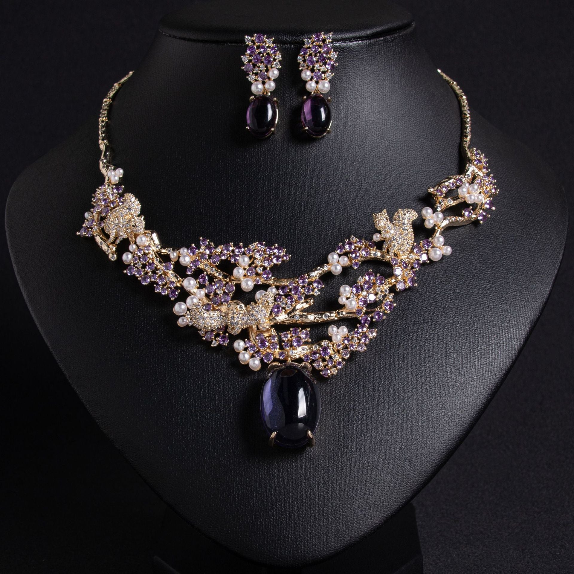 Elegant Red Crystal Pearl Necklace Set – Floral Earrings Jewelry for Women