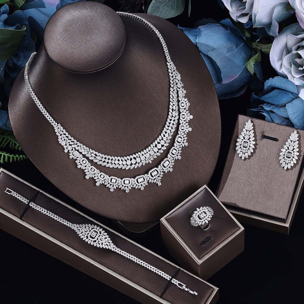 Luxury Silver Double Layer Crystal Jewelry Set – Necklace Earrings Bracelet Ring for Women
