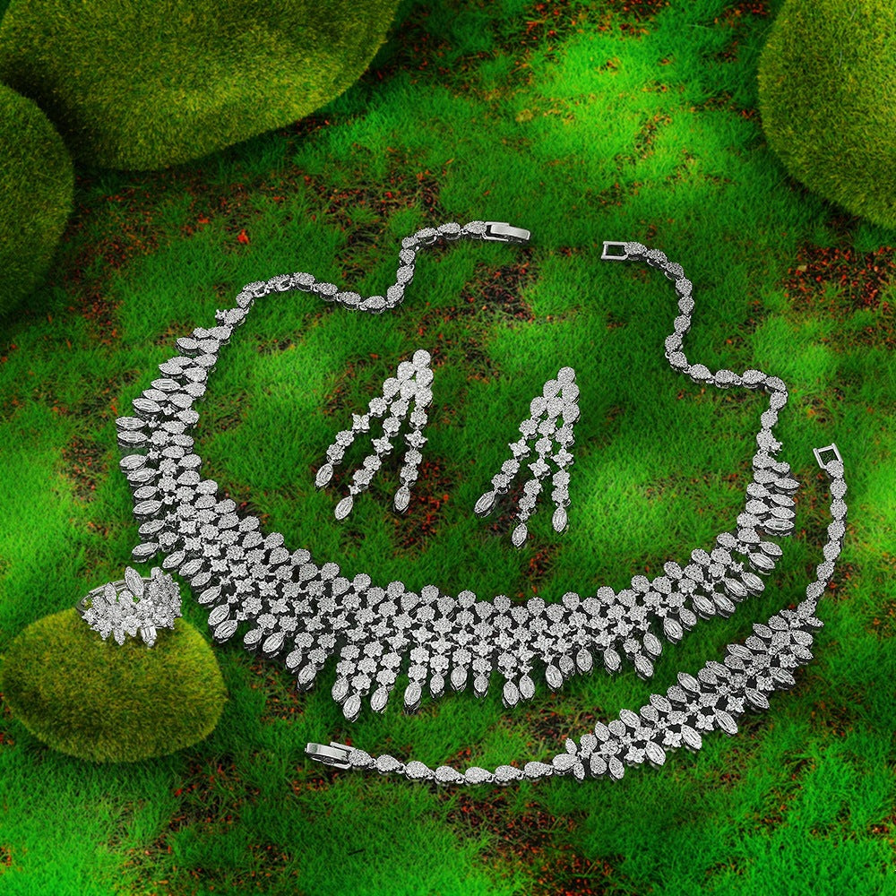 Luxury Crystal Fringe Necklace Set Silver Tone Statement Jewelry Set Earrings Ring Bridal Wedding Jewelry for Women