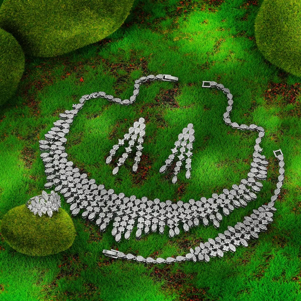 Luxury Crystal Fringe Necklace Set Silver Tone Statement Jewelry Set Earrings Ring Bridal Wedding Jewelry for Women