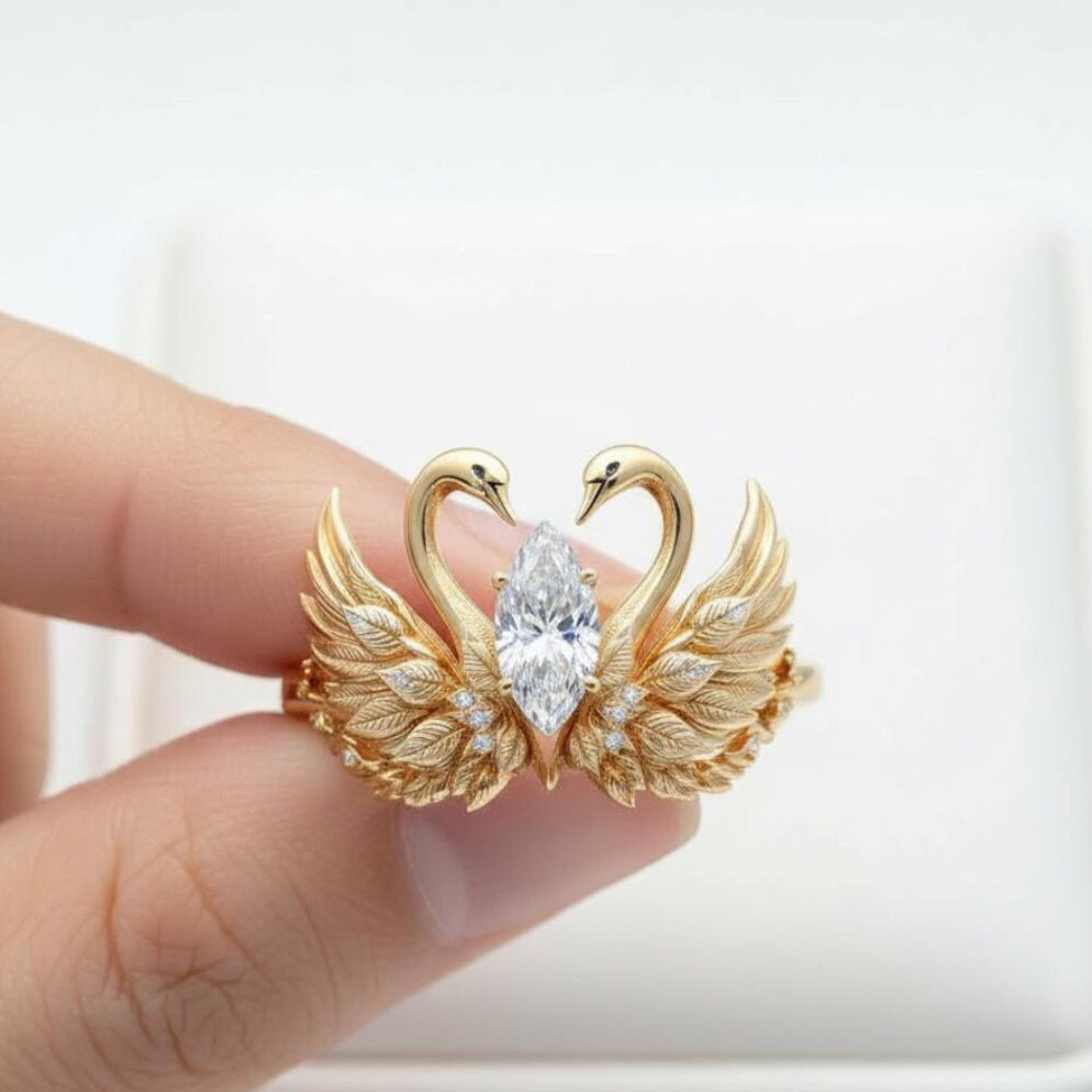 Elegant Gold Swan Ring – Marquise Cut Crystal Open Ring for Women