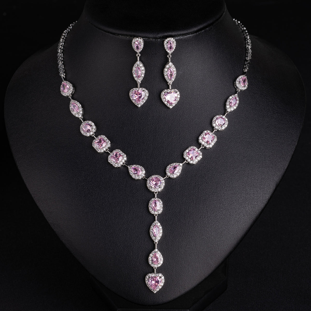 Luxury Multicolor Gemstone Heart Necklace Set for Women – Elegant Y-Drop Jewelry with Matching Earrings