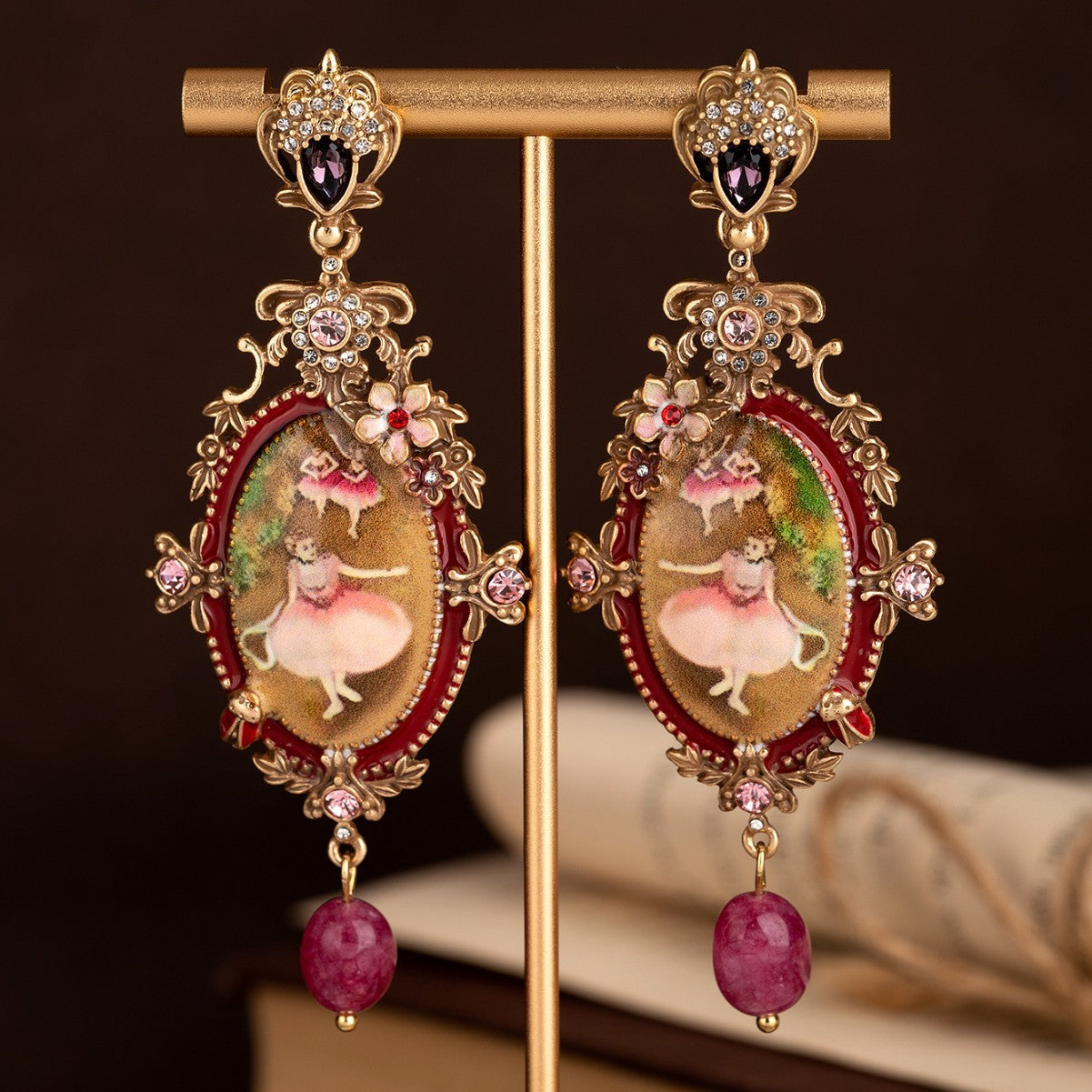 Medium vintage oil painting relief ballet girl stud earrings