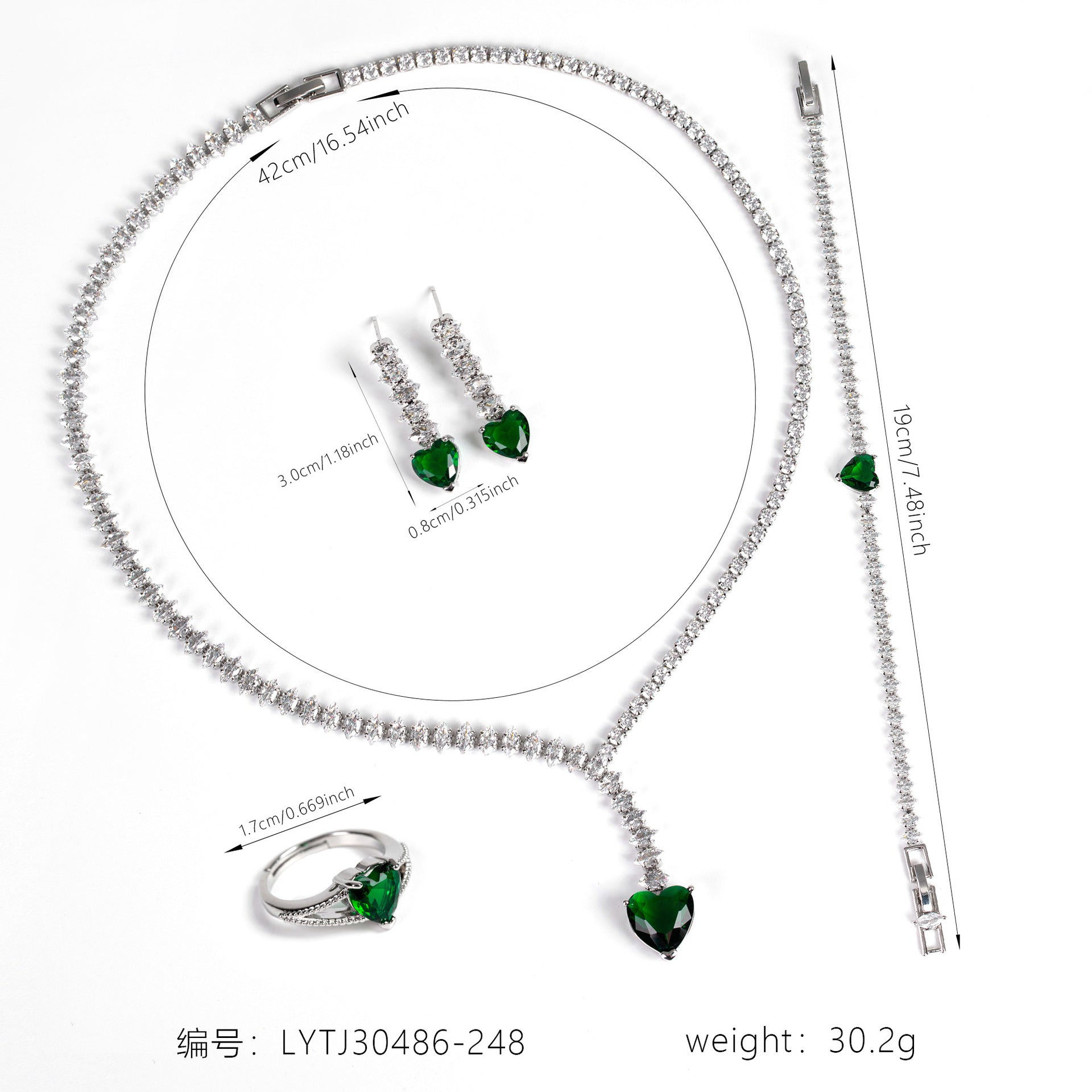 Romantic Emerald Green Jewelry Set – Heart Crystal Necklace Earrings
