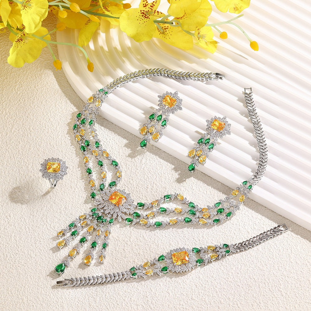 Luxury Green Crystal Necklace Earrings Bracelet Ring Jewelry Set