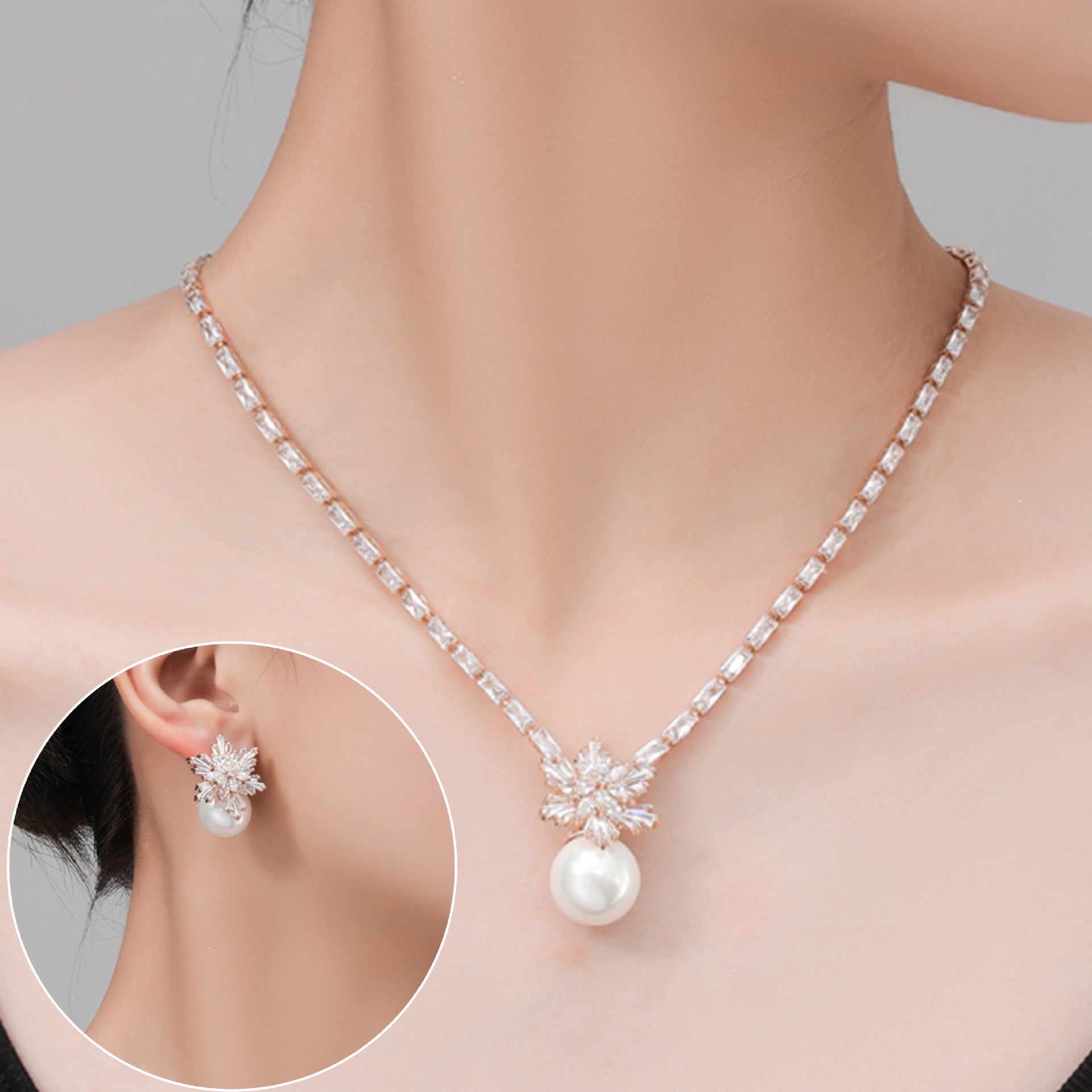 High-end pearl zircon snowflake necklace earrings set