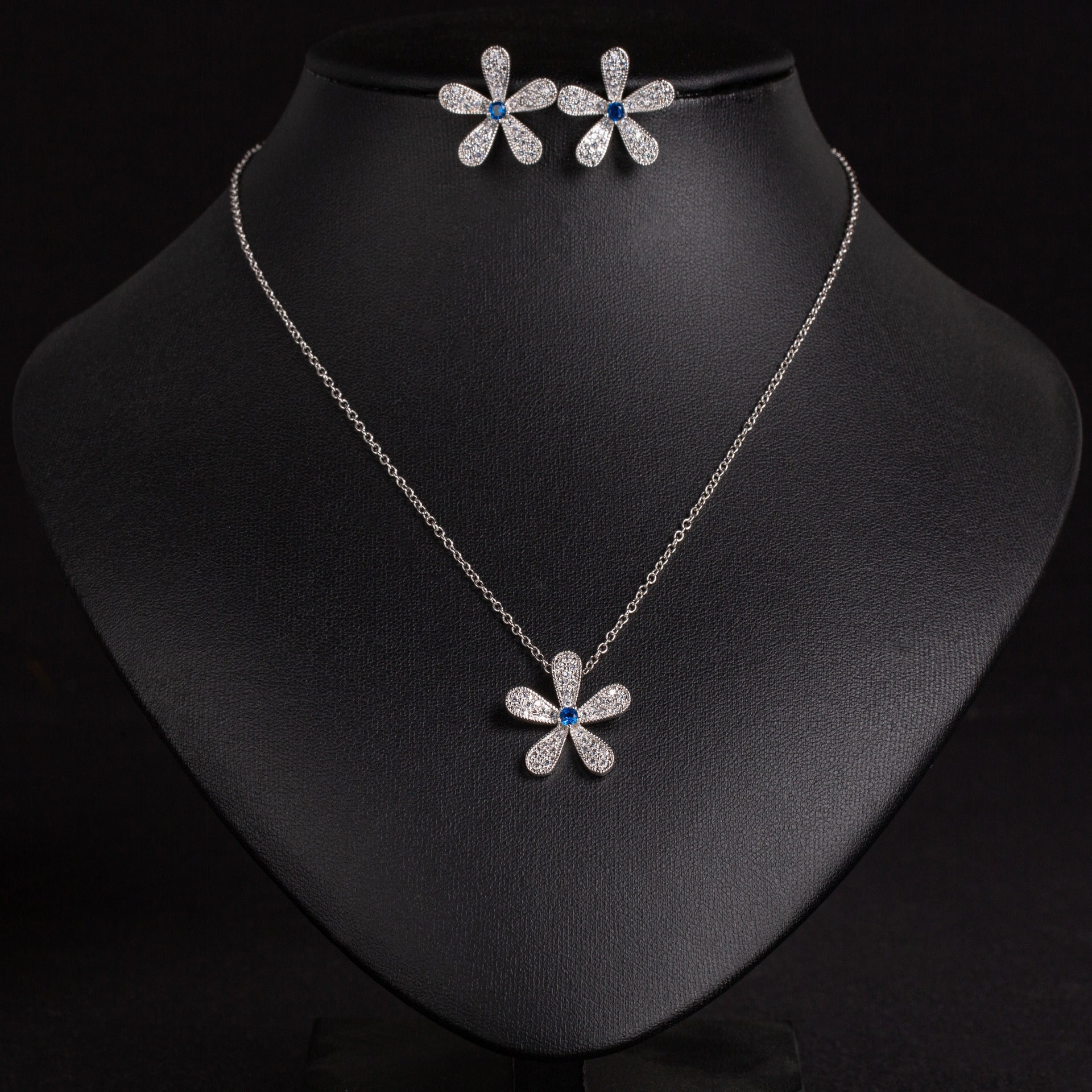 Elegant Silver Floral Crystal Necklace and Earrings Jewelry Set