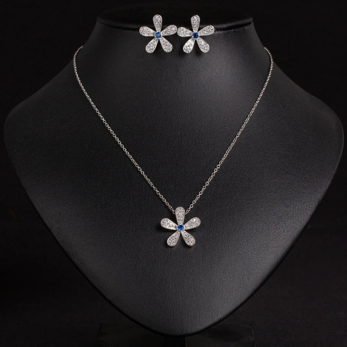 Elegant Silver Floral Crystal Necklace and Earrings Jewelry Set