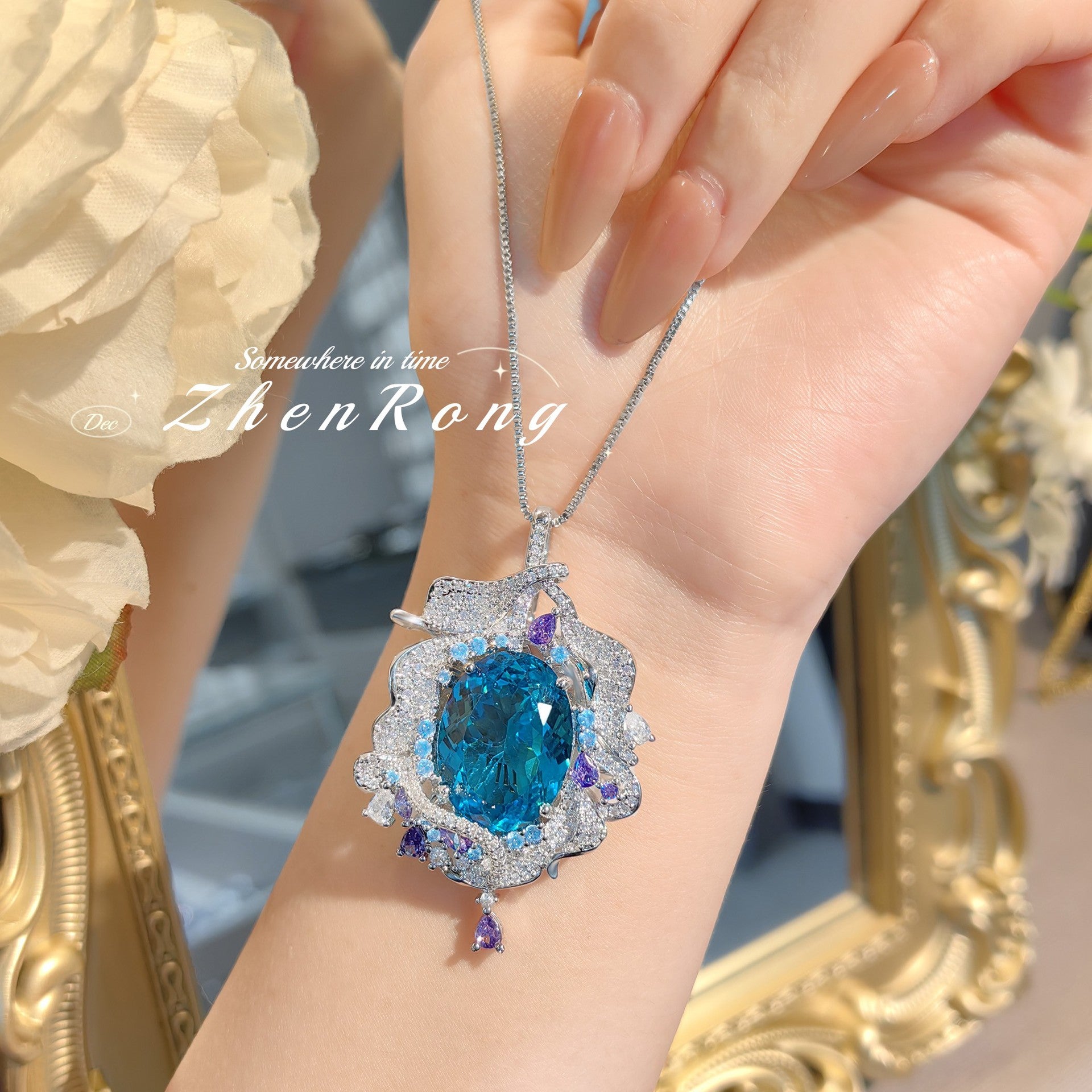 Fashion Shining Sea Blue Large Carat Gemstone Necklace