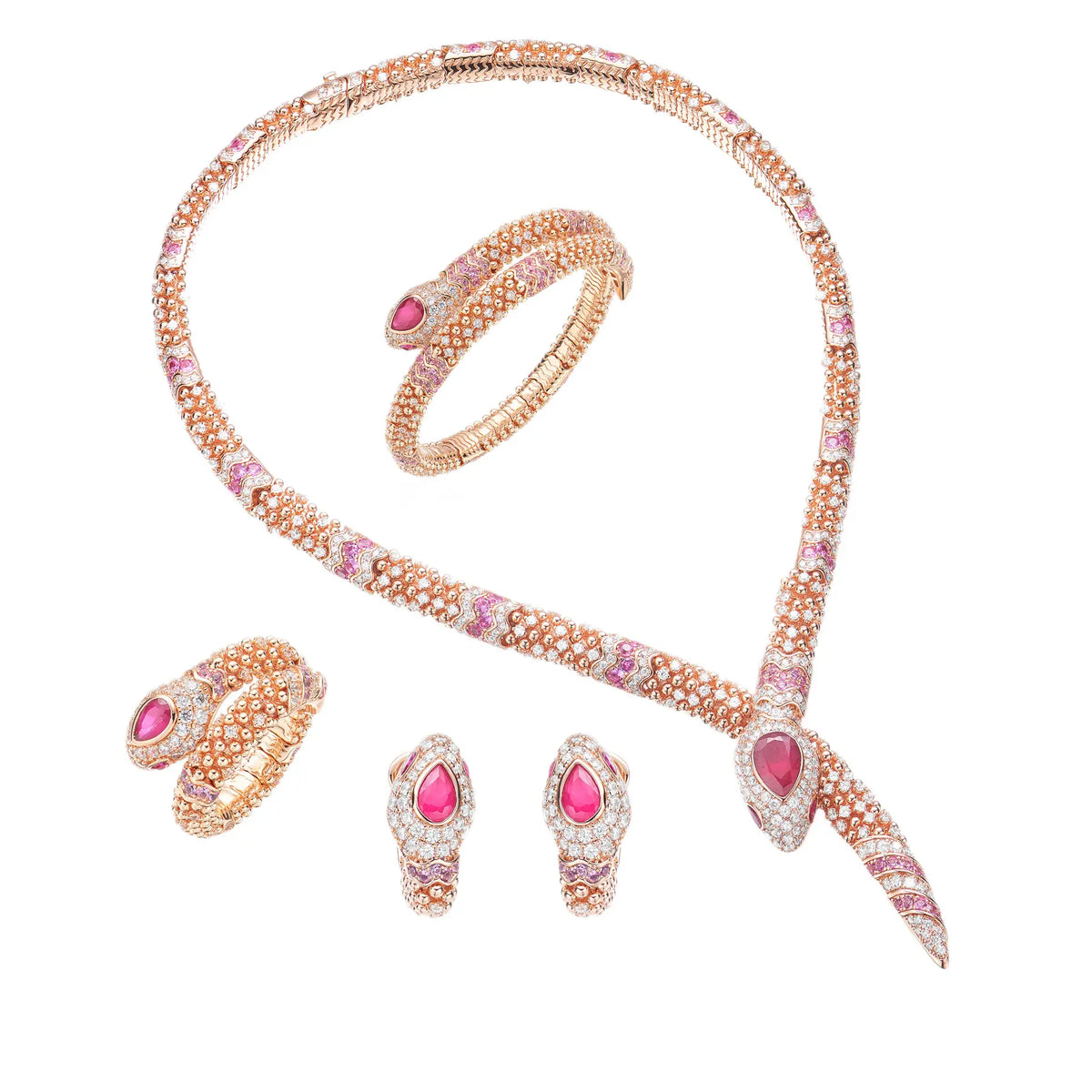 Designer Rose Gold Snake Chain Jewelry Set with Ruby Drop Stones