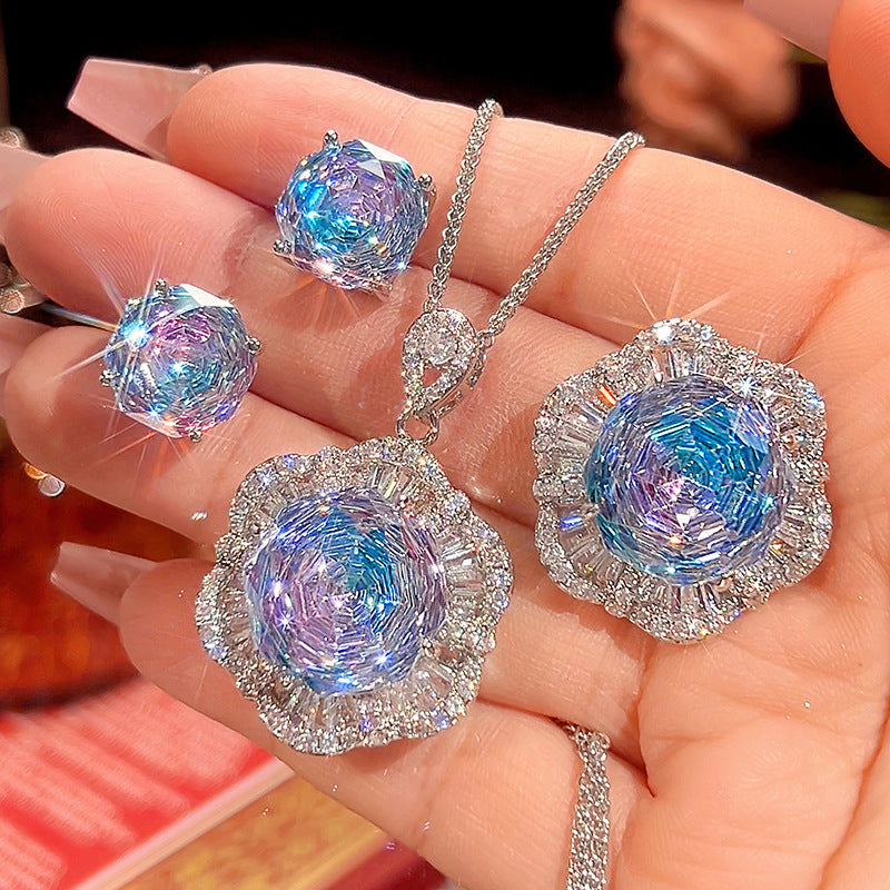 Luxury Aurora Crystal Floral Jewelry Set – Pendant Necklace, Stud Earrings & Ring