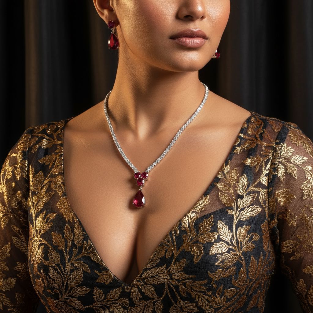 Luxury Ruby Red Crystal Necklace Earrings Set – Elegant Jewelry for Women