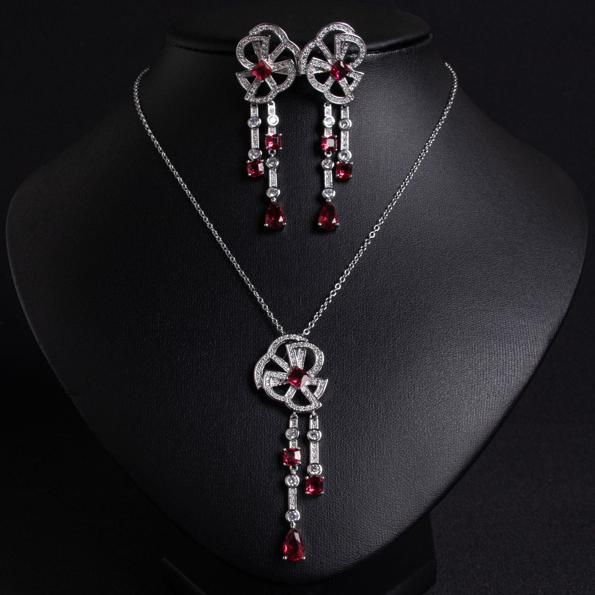 Luxury Ruby Red Crystal Tassel Jewelry Set – Necklace Earrings Set for Women