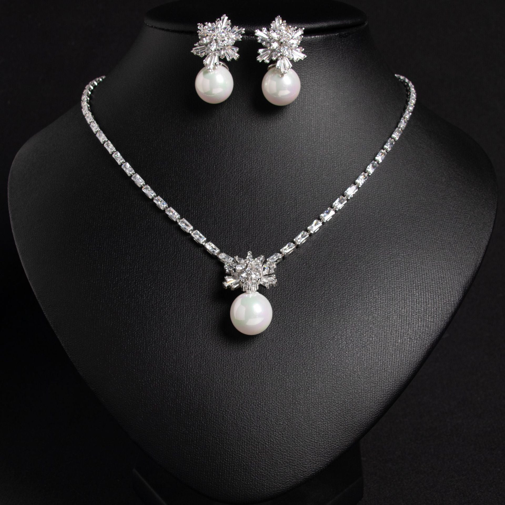 High-end pearl zircon snowflake necklace earrings set