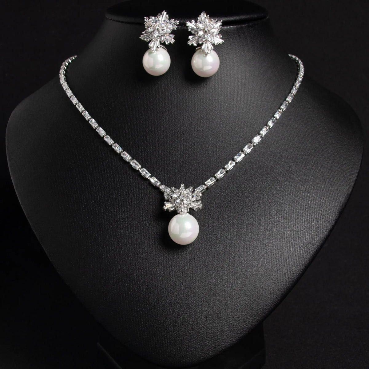 Parure de boucles d'oreilles et collier flocon de neige zircon perles haut de gamme