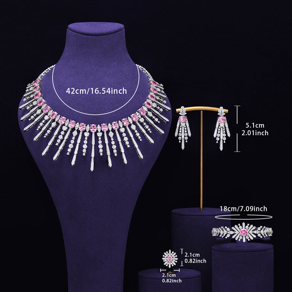 Luxury Pink Crystal Fringe Necklace Set Silver Tone Statement Jewelry Set for Women Wedding Party Jewelry
