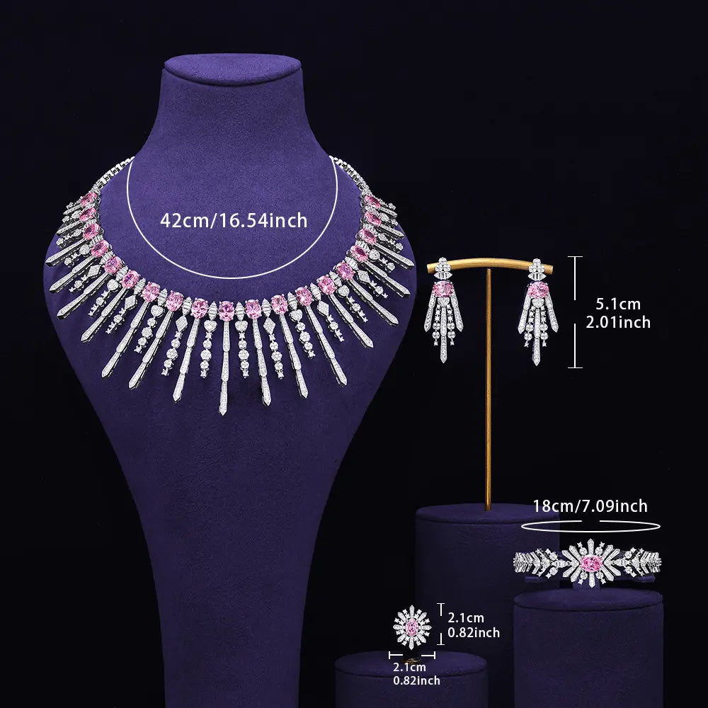 Luxury Pink Crystal Fringe Necklace Set Silver Tone Statement Jewelry Set for Women Wedding Party Jewelry