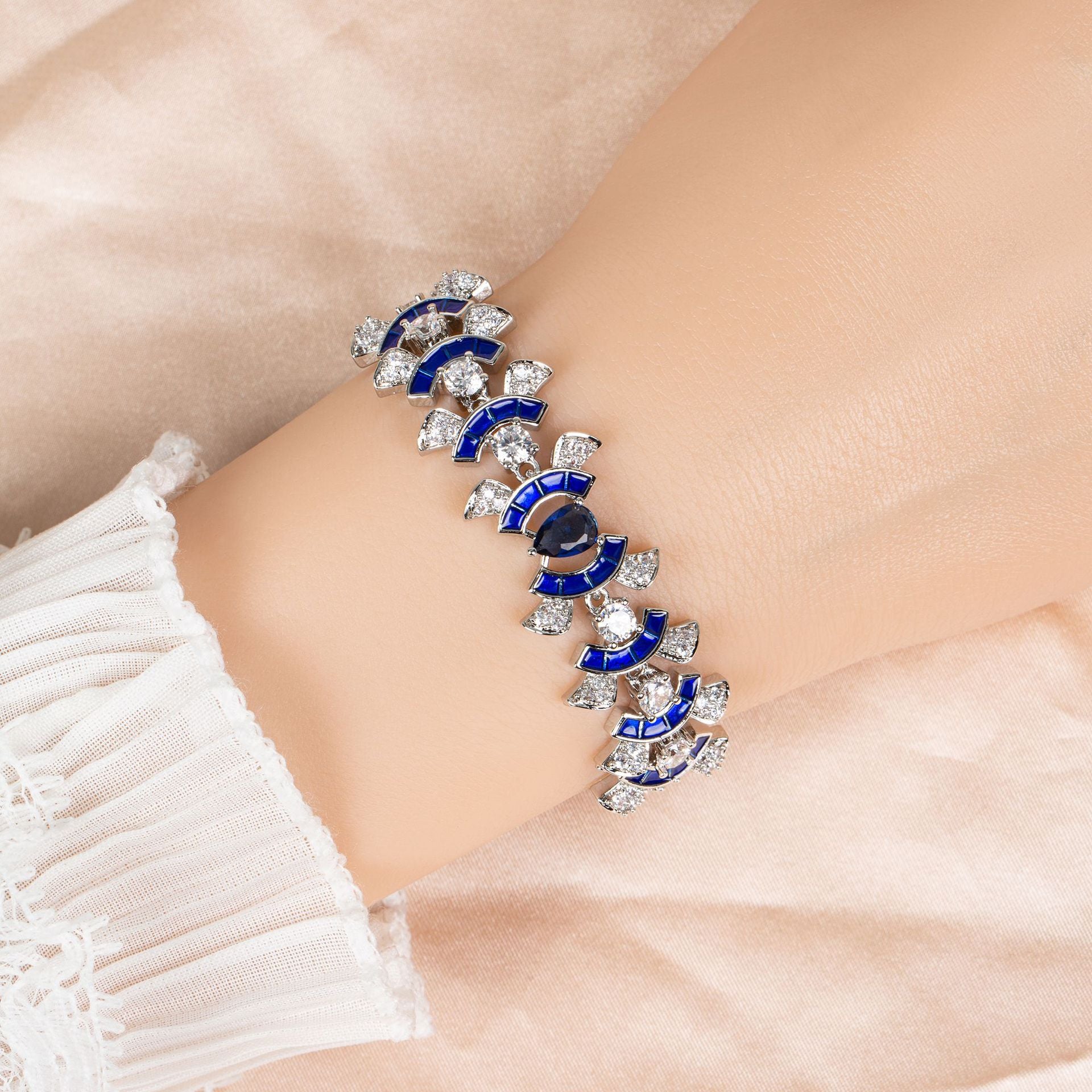 Luxury Ruby Red Crystal Bracelet – Silver Tone Fan Shape Statement Jewelry for Women
