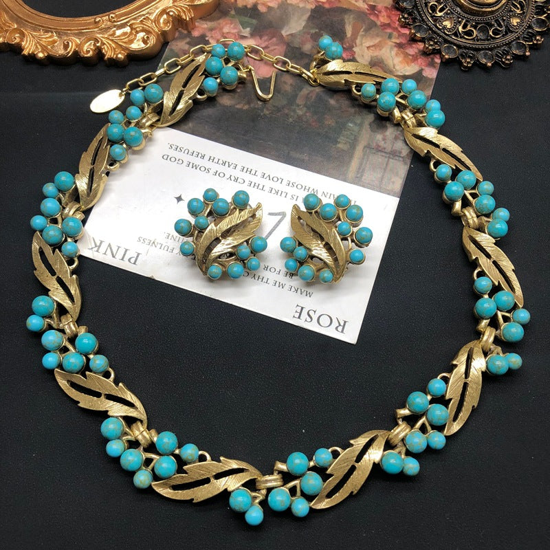 Turquoise inlaid necklace earrings antique gold jewelry set